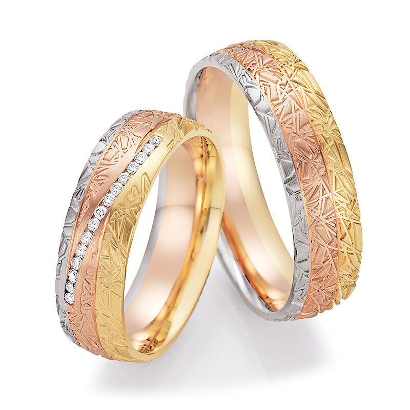 Trauringe Tricolor Sunrise 66/44050 & 66/44060 Brillant strukturiert