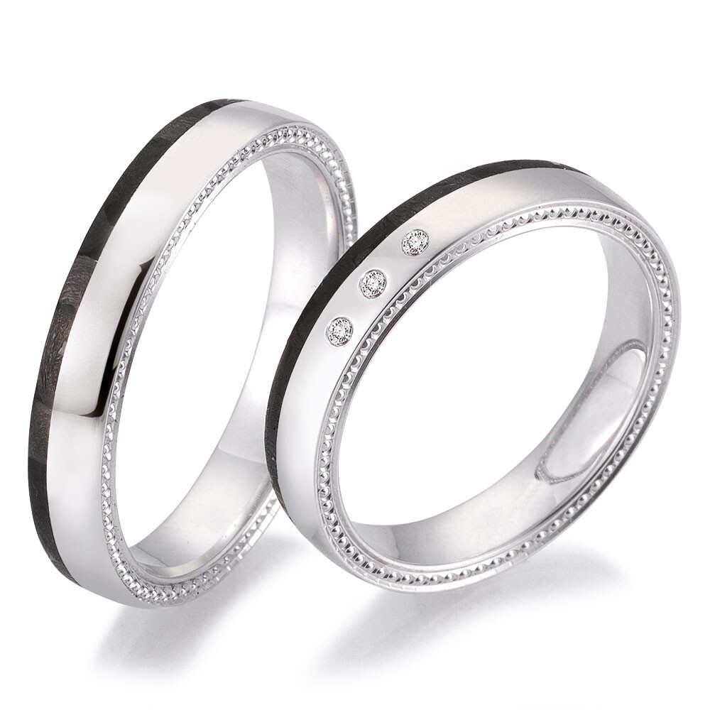 Trauringe Bicolor 48/06509 & 48/06510 Weißgold & Carbon mit Millgriff