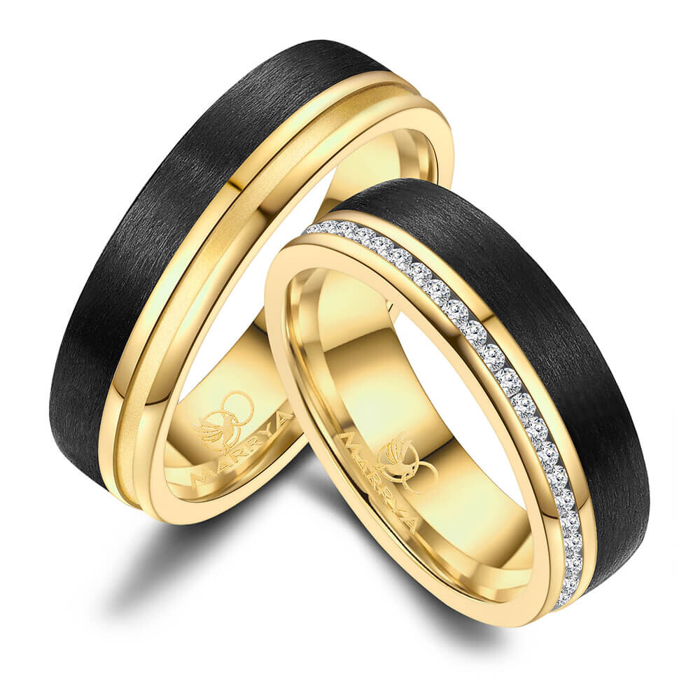 Trauringe Partnerringe Edelstahl vergoldet Carbon Zirkonia