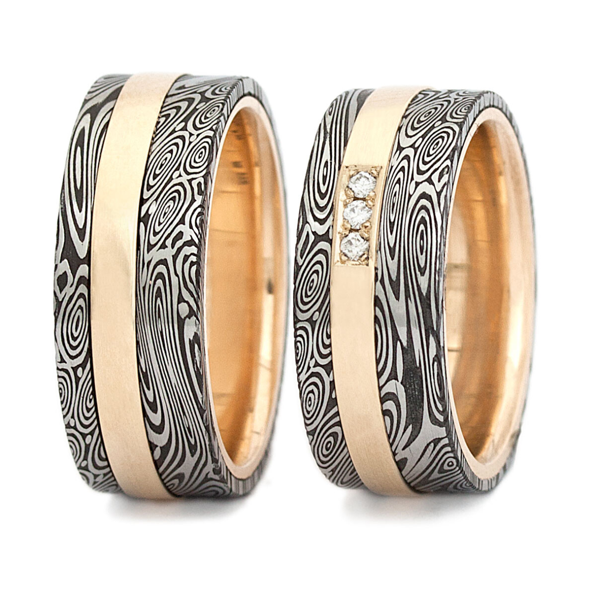 Damaszenerstahl Trauringe 8mm mit Roségold, Brillant 0,045 ct.