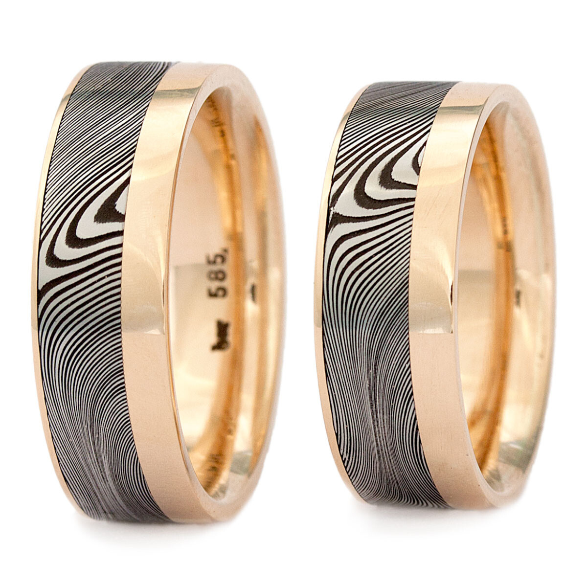 Damaszener-Stahl Trauringe mit Gelbgold