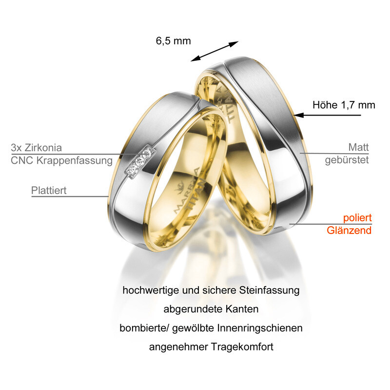 Trauringe / Partnerringe Titan Gelb Zirkonia TI-26 Info