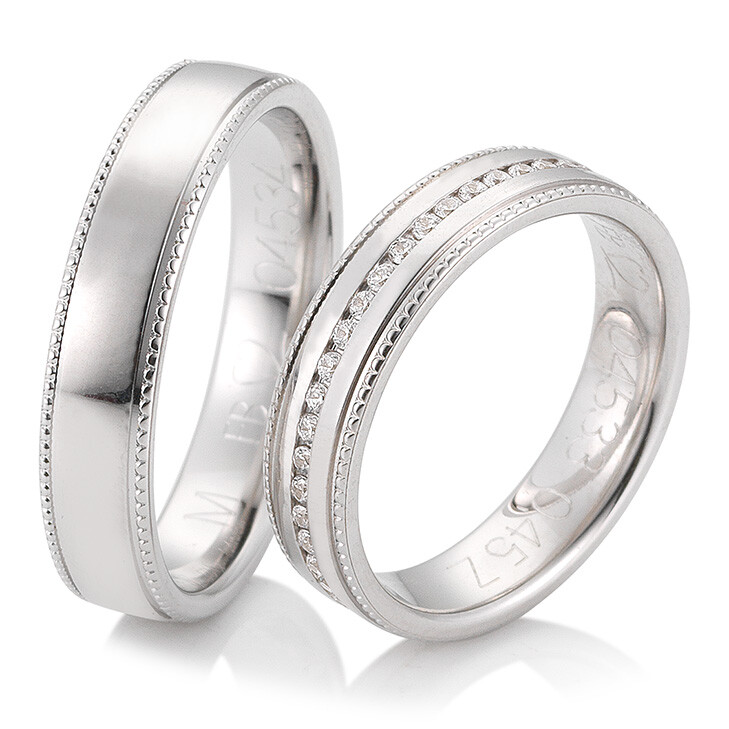 Trauringe Weißgold Joy Eheringe 48/04533 & 48/04534 Perlfuge Millgriff