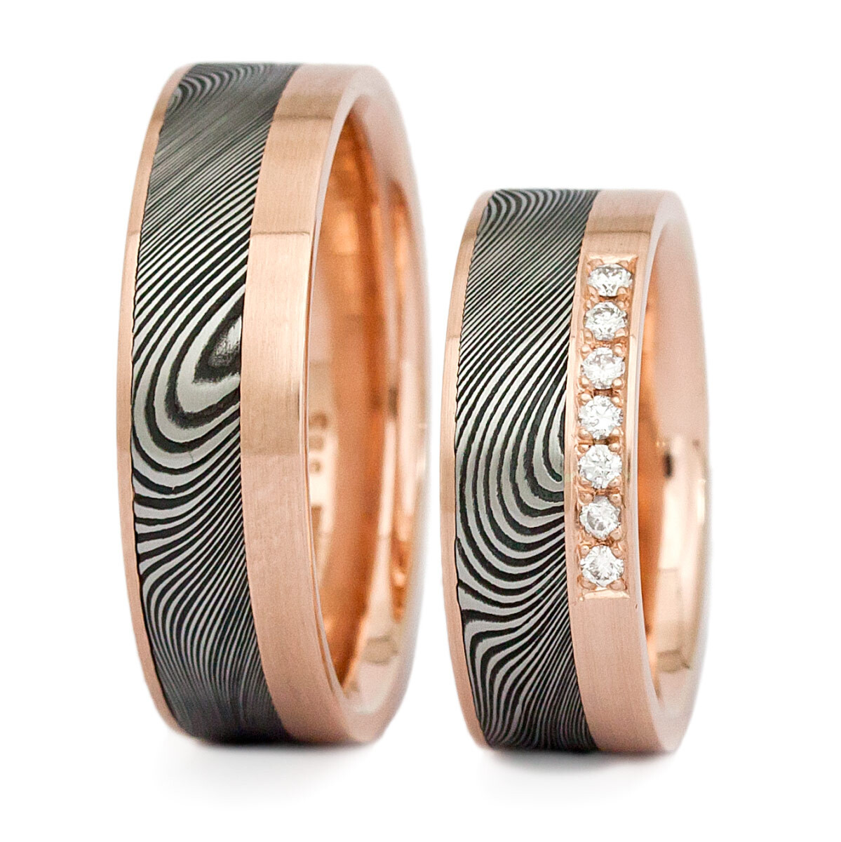 Damaszenerstahl Trauringe mit Rotgold