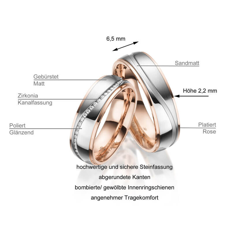 Trauringe Partnerringe Edelstahl Rotgoldplattierung Zirkonia MA ES-23 - Info