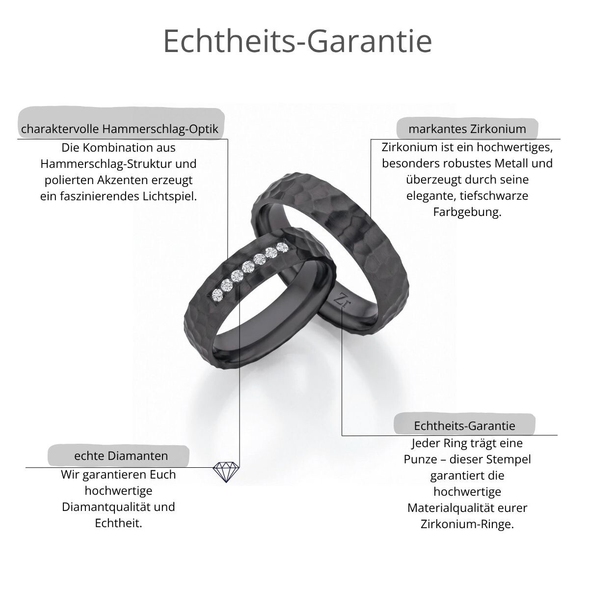 Schwarze Eheringe Zirkonium Hammerschlag Diamanten 0,175 ct.