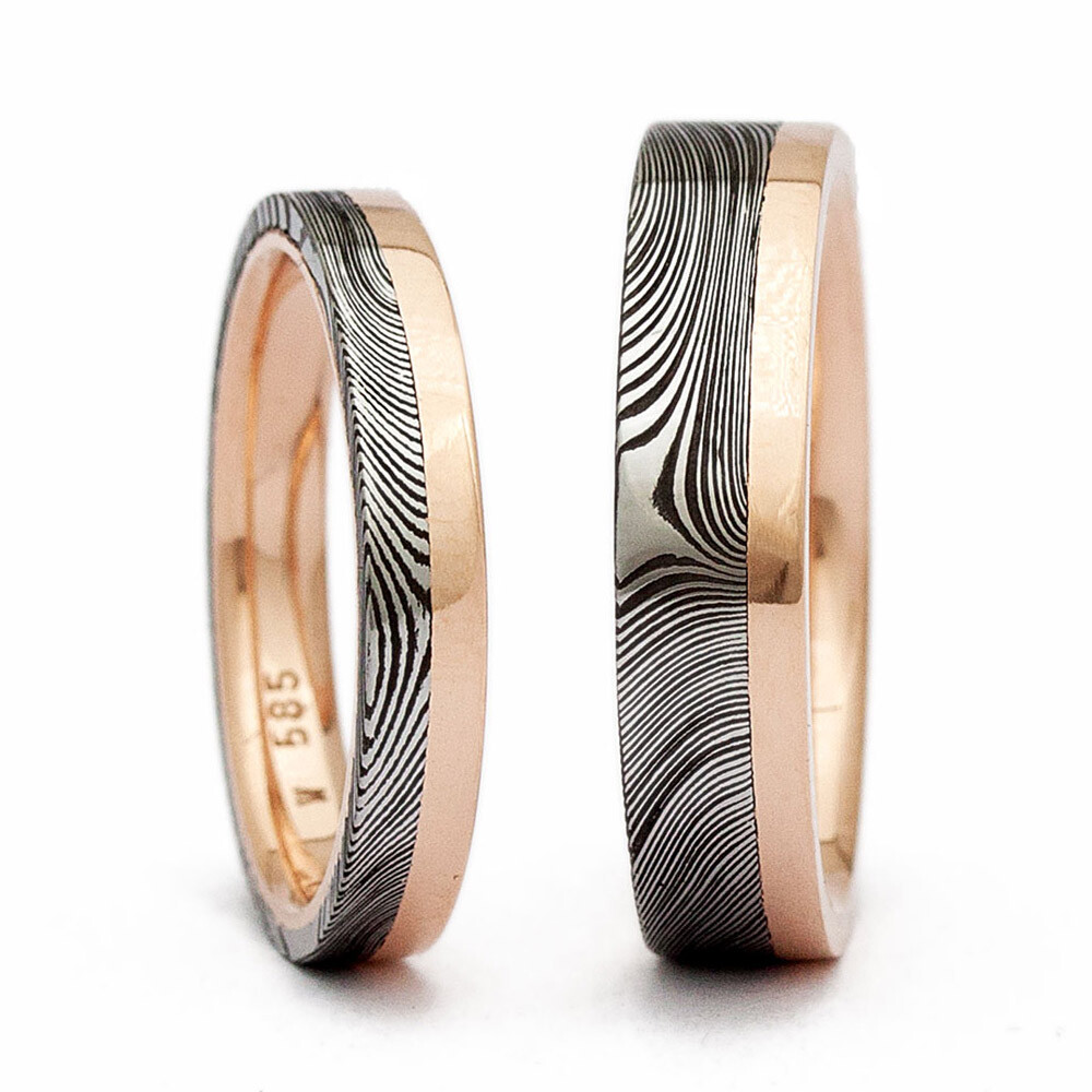 Trauringe 380J aus Damaszenerstahl & Rotgold