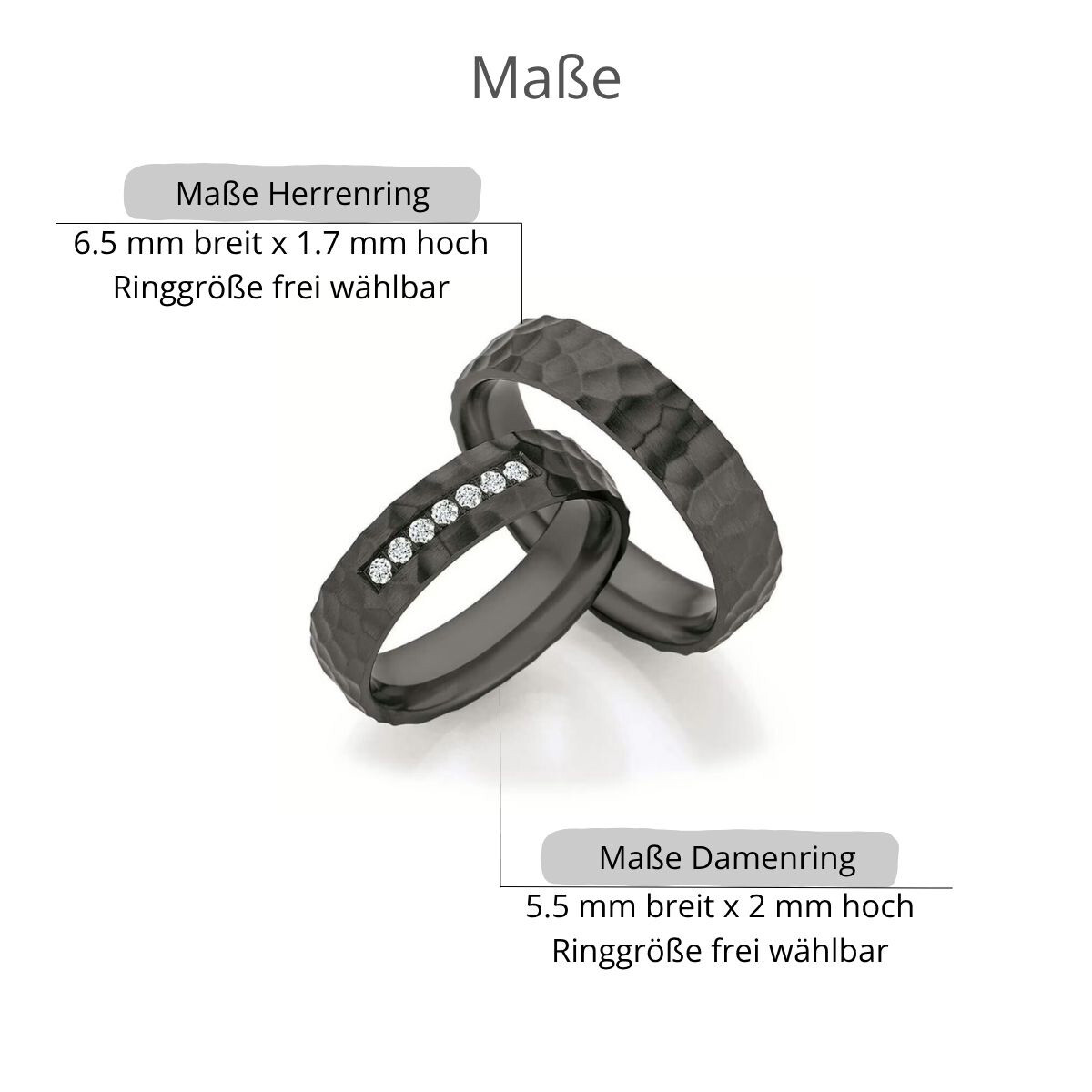 Schwarze Eheringe Zirkonium Hammerschlag Diamanten 0,175 ct.