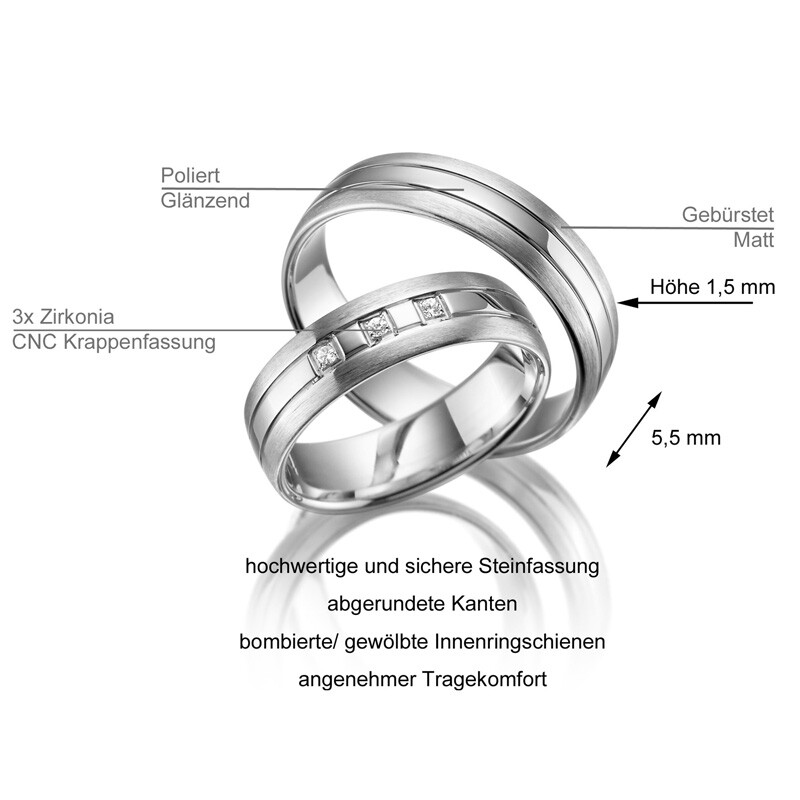 Trauringe Partnerringe Sterlingsilber 925 Zirkonia Marrya SI-07 Info