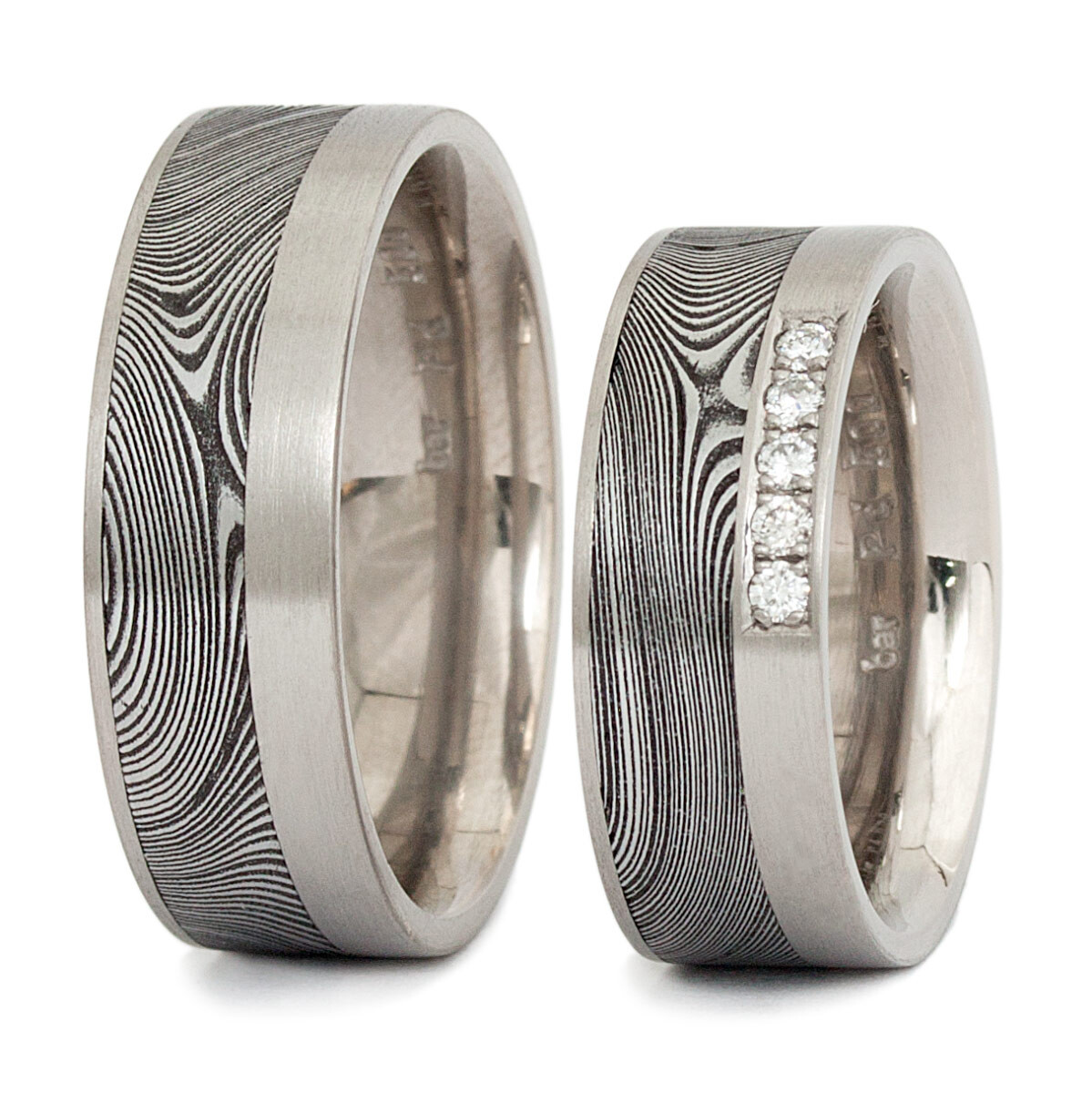 Damaszenerstahl Trauringe mit Weißgold