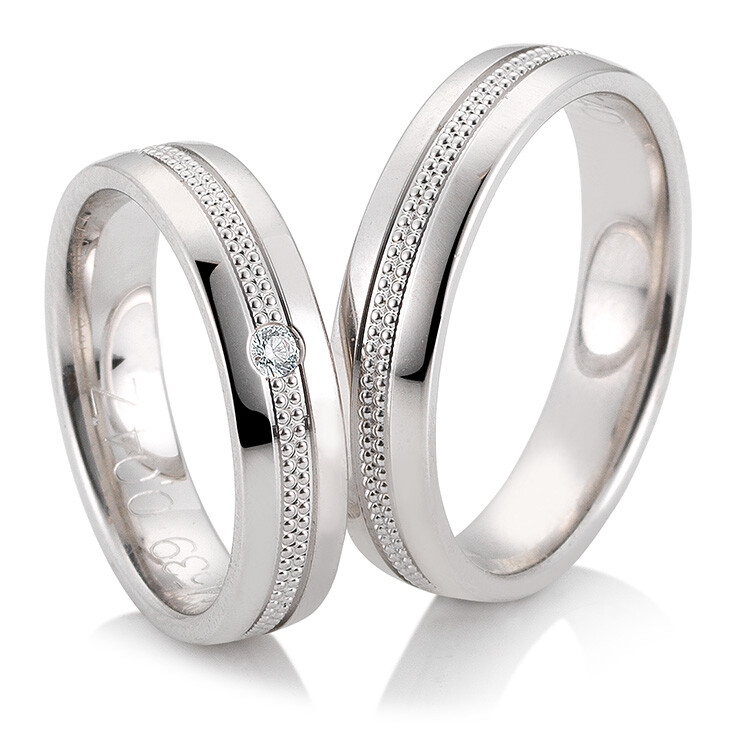 Trauringe Weißgold Joy Eheringe 48/04539 & 48/04540 Perlfuge Millgriff