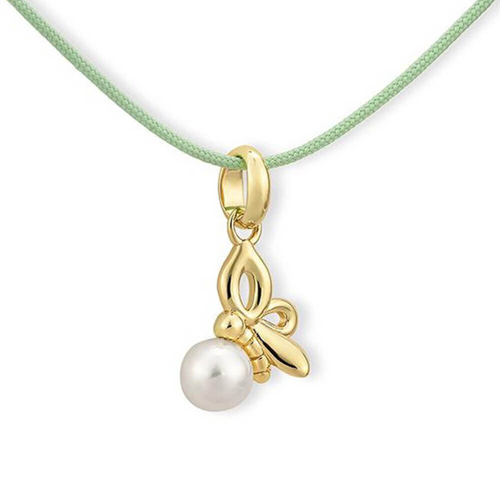 Collier Kids Biene mit Perle Silber vergoldet - Band grün