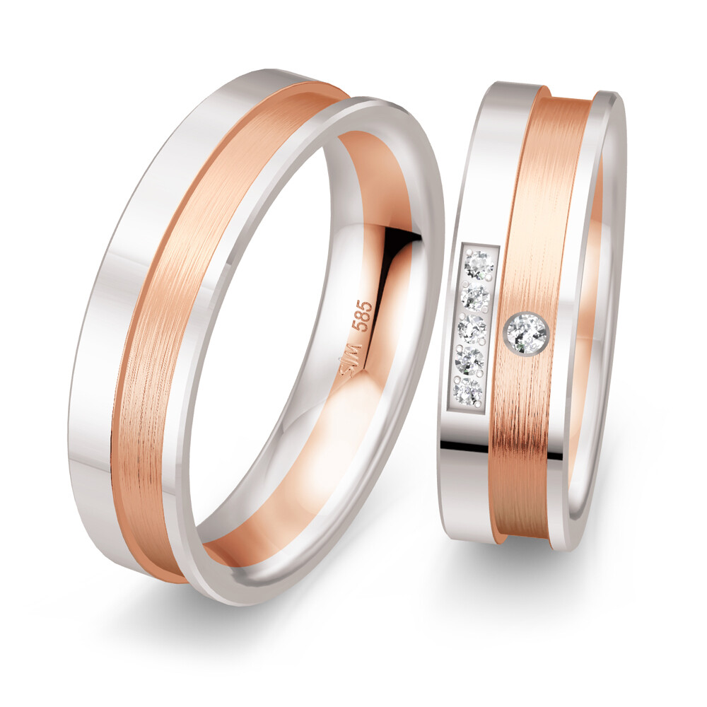 Bicolor Trauringe Weißgold & Rotgold Brillat 0,073 ct.