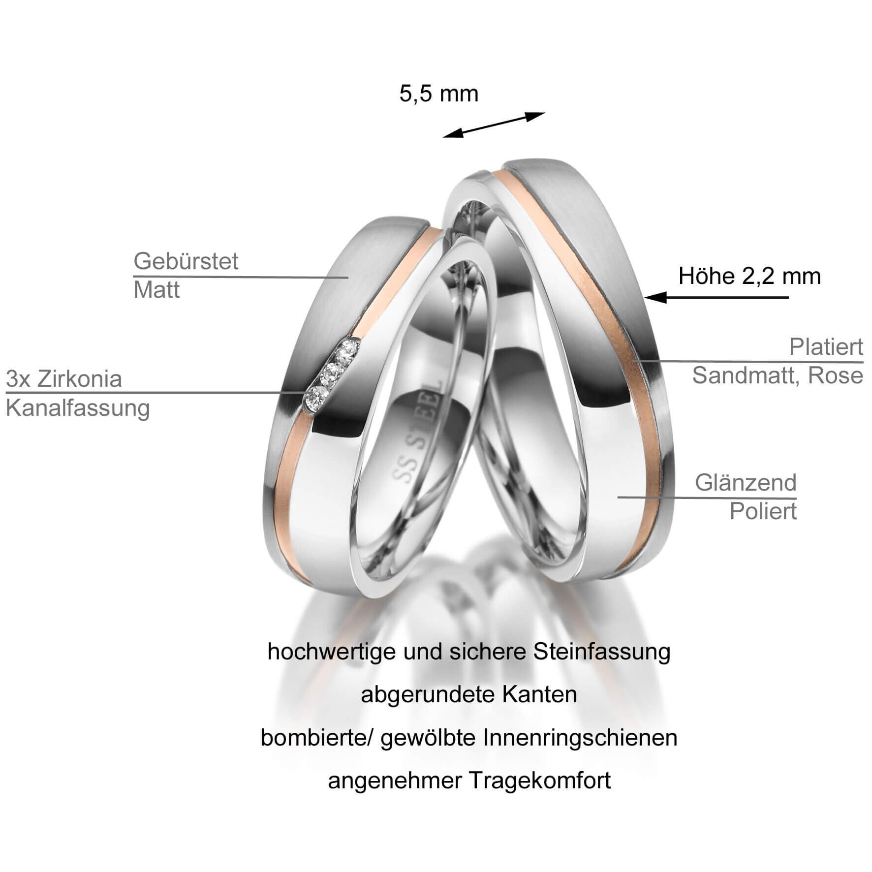 Trauringe Partnerringe Edelstahl Rotgoldplattierung MA ES-11 - Info