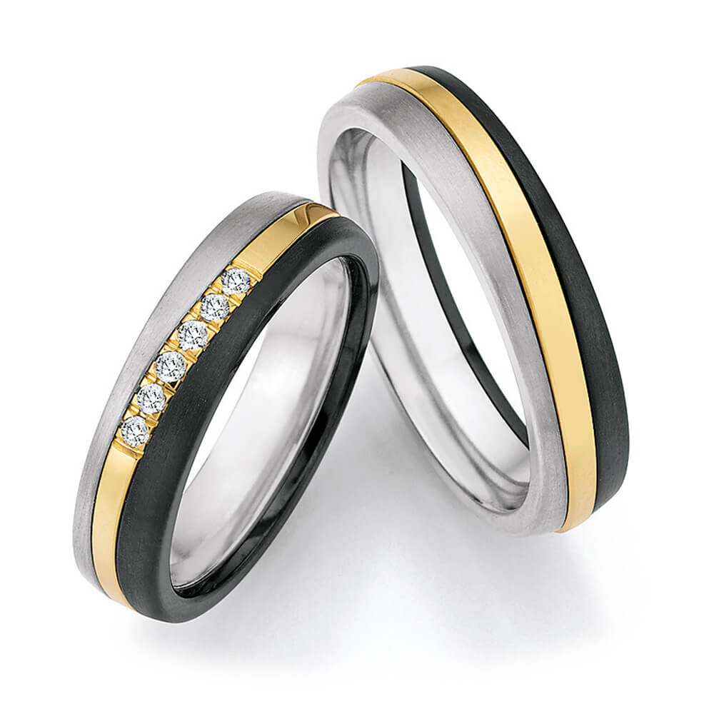 Trauringe Surfing Colors Zirkonium & Gelbgold 585 & Titan Brillant 0,100 ct.