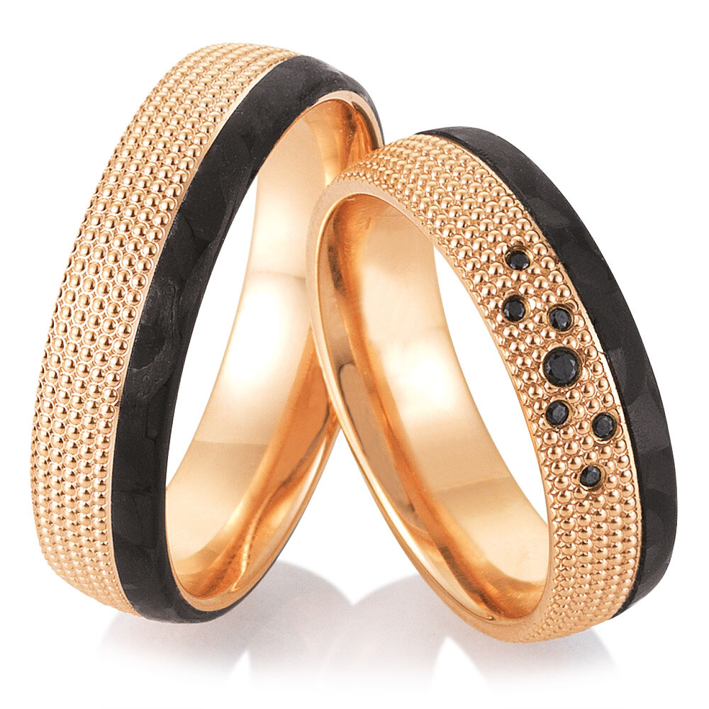 Trauringe Bicolor 48/06503 & 48/06504 Rotgold & Carbon mit Millgriff