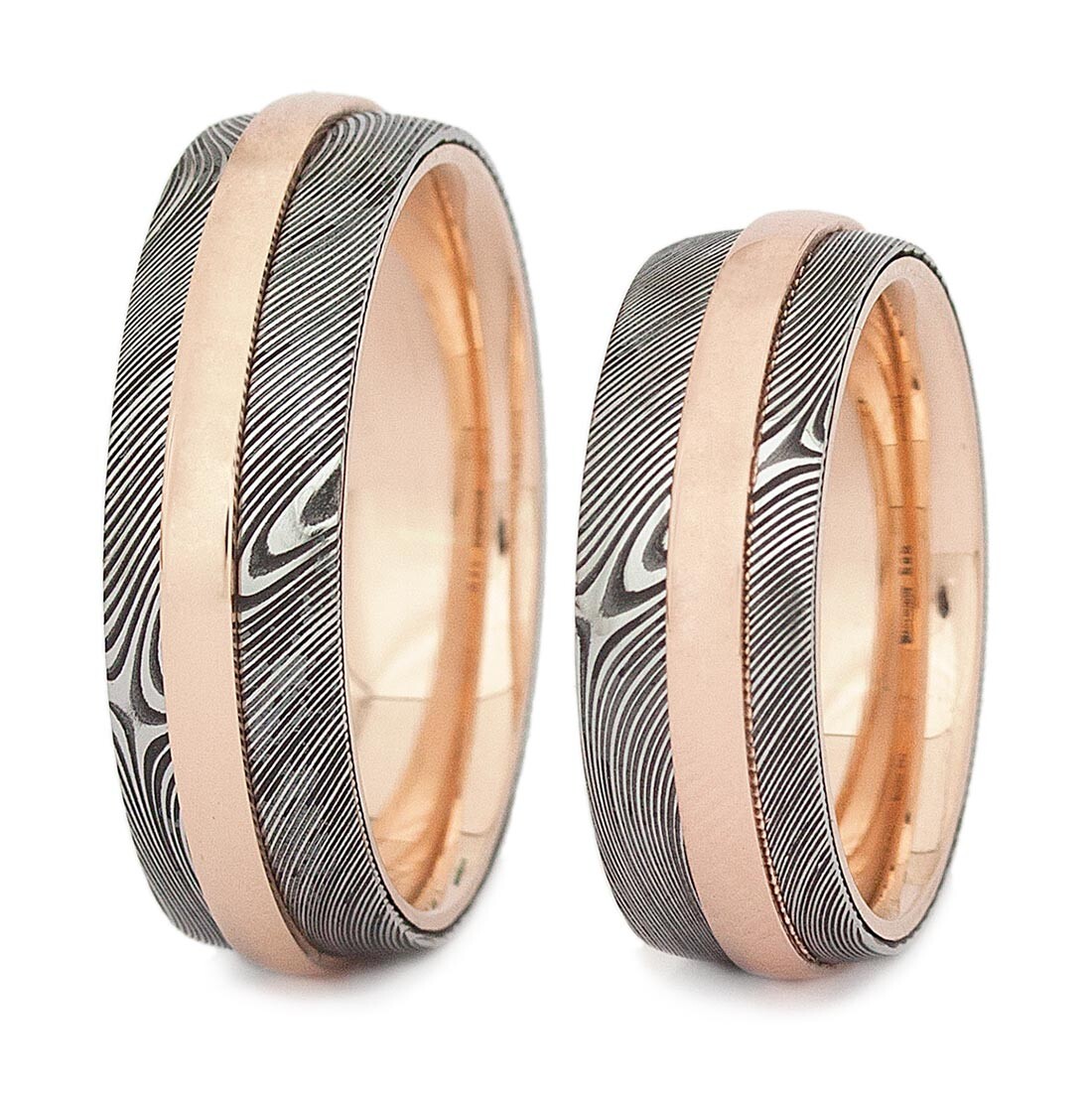 Damaszenerstahl Trauringe mit Rotgold