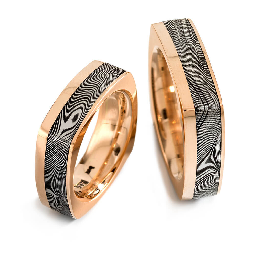 Trauringe Damaszener-Stahl & Rotgold 585