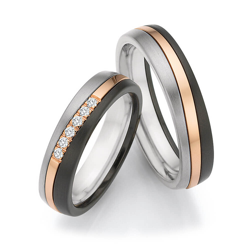 Trauringe Surfing Colors  Zirkonium & Roségold 585 & Titan Brillant 0,100 ct.