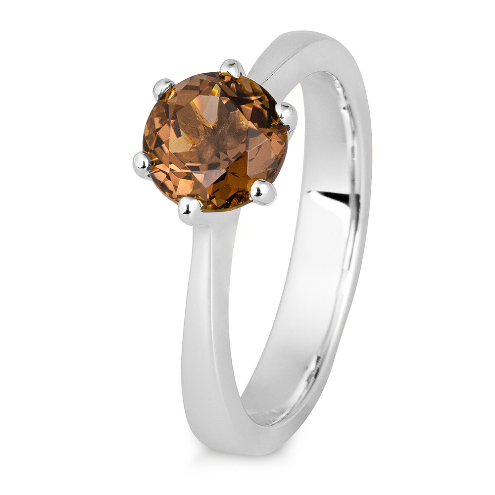 Verlobungsring aus Weißgold mit Rauchquarz Rund 6er Krappe