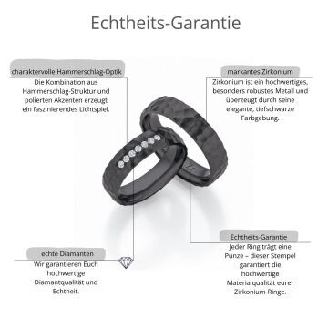 Schwarze Eheringe Zirkonium Hammerschlag Diamanten 0,175 ct.