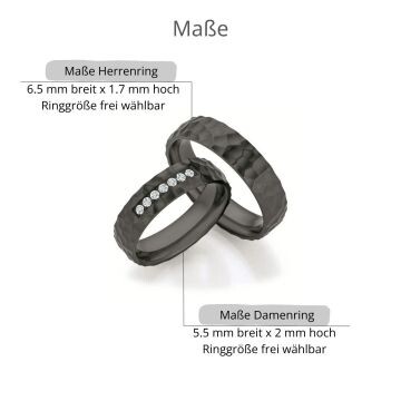 Schwarze Eheringe Zirkonium Hammerschlag Diamanten 0,175 ct.